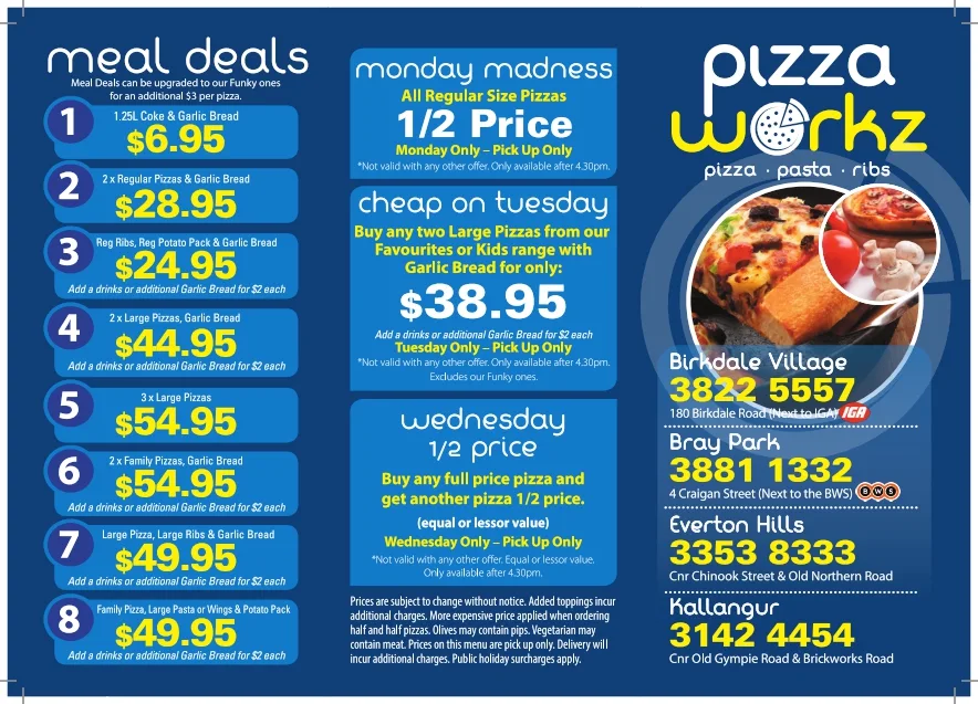 Menu, Pizza Workz