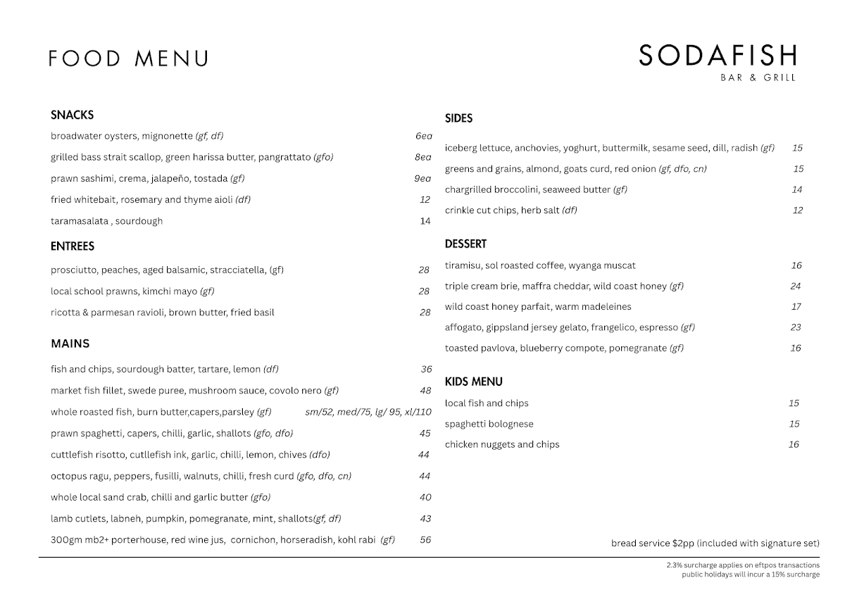 Menu, Sodafish