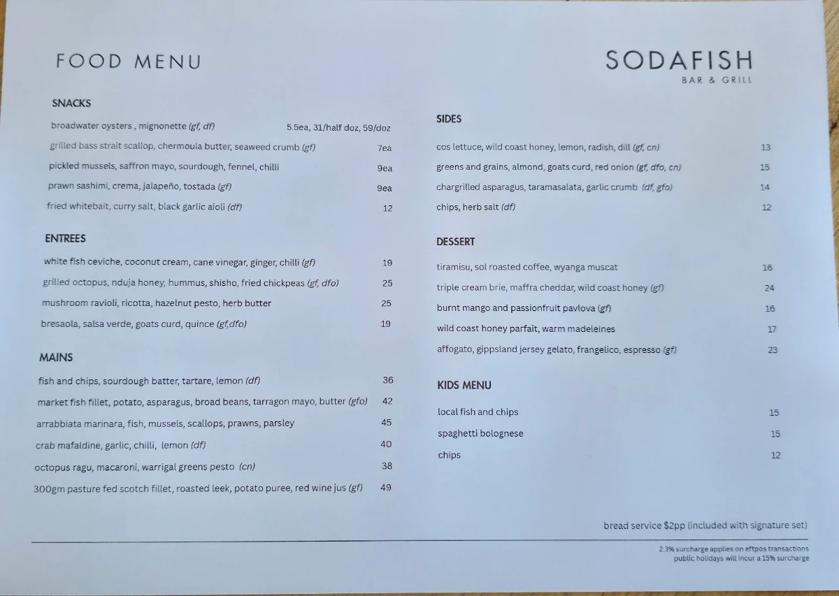 Menu, Sodafish