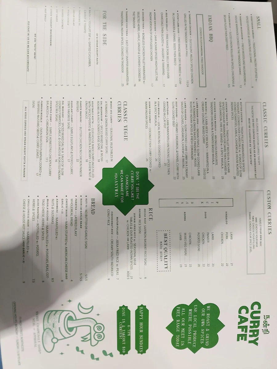 Menu, Curry Cafe Northcote