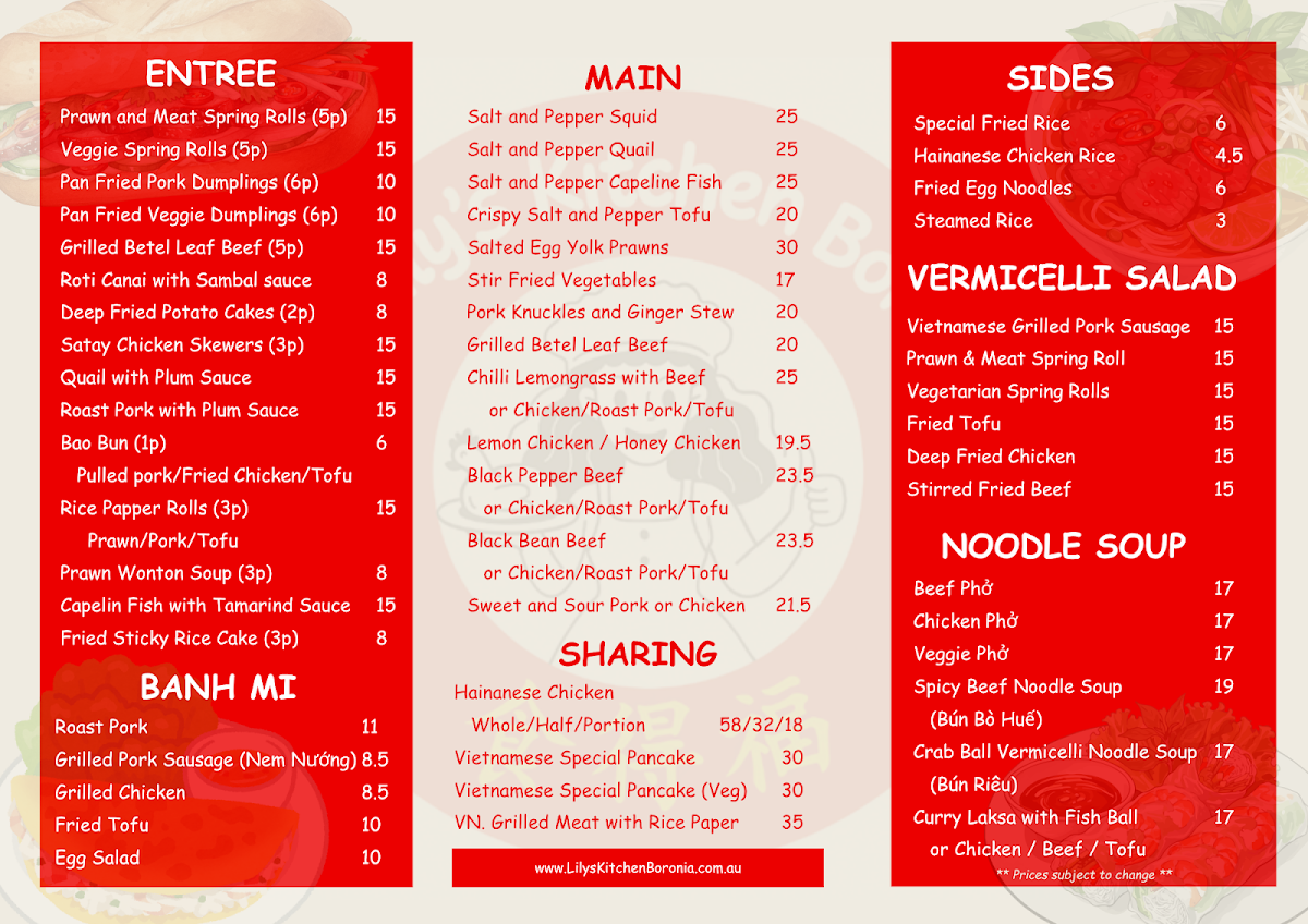 Menu, Lily’s Kitchen Boronia