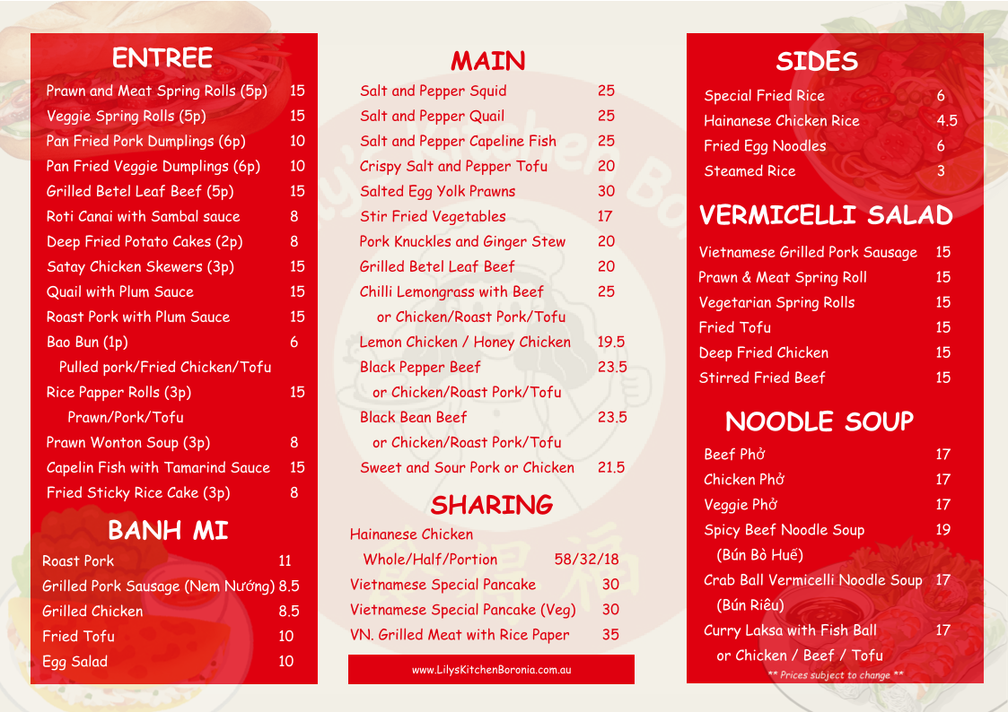 Menu, Lily’s Kitchen Boronia