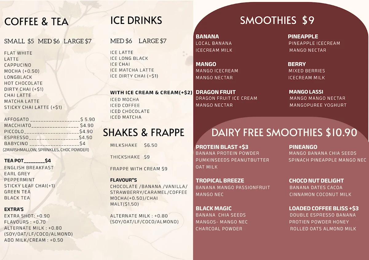 Menu, Ripe Harvest Cafe