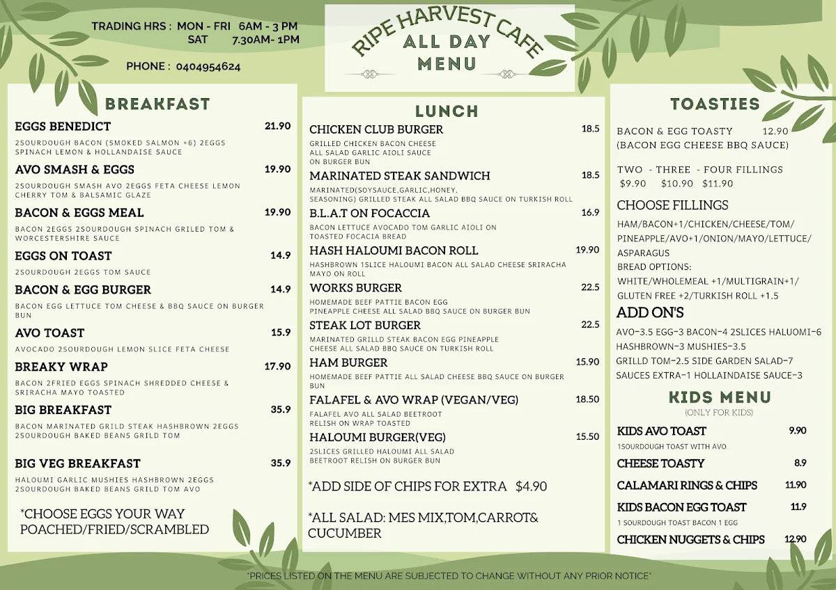 Menu, Ripe Harvest Cafe