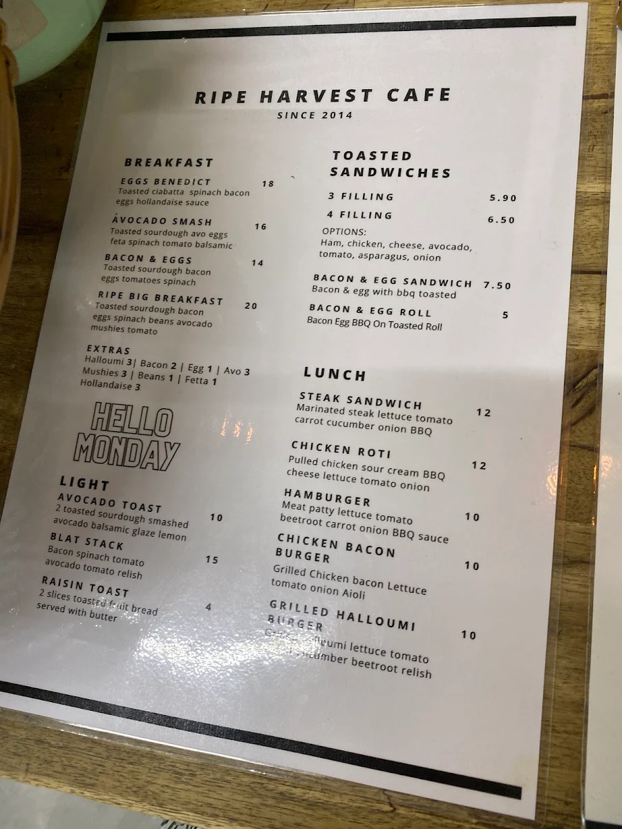 Menu, Ripe Harvest Cafe