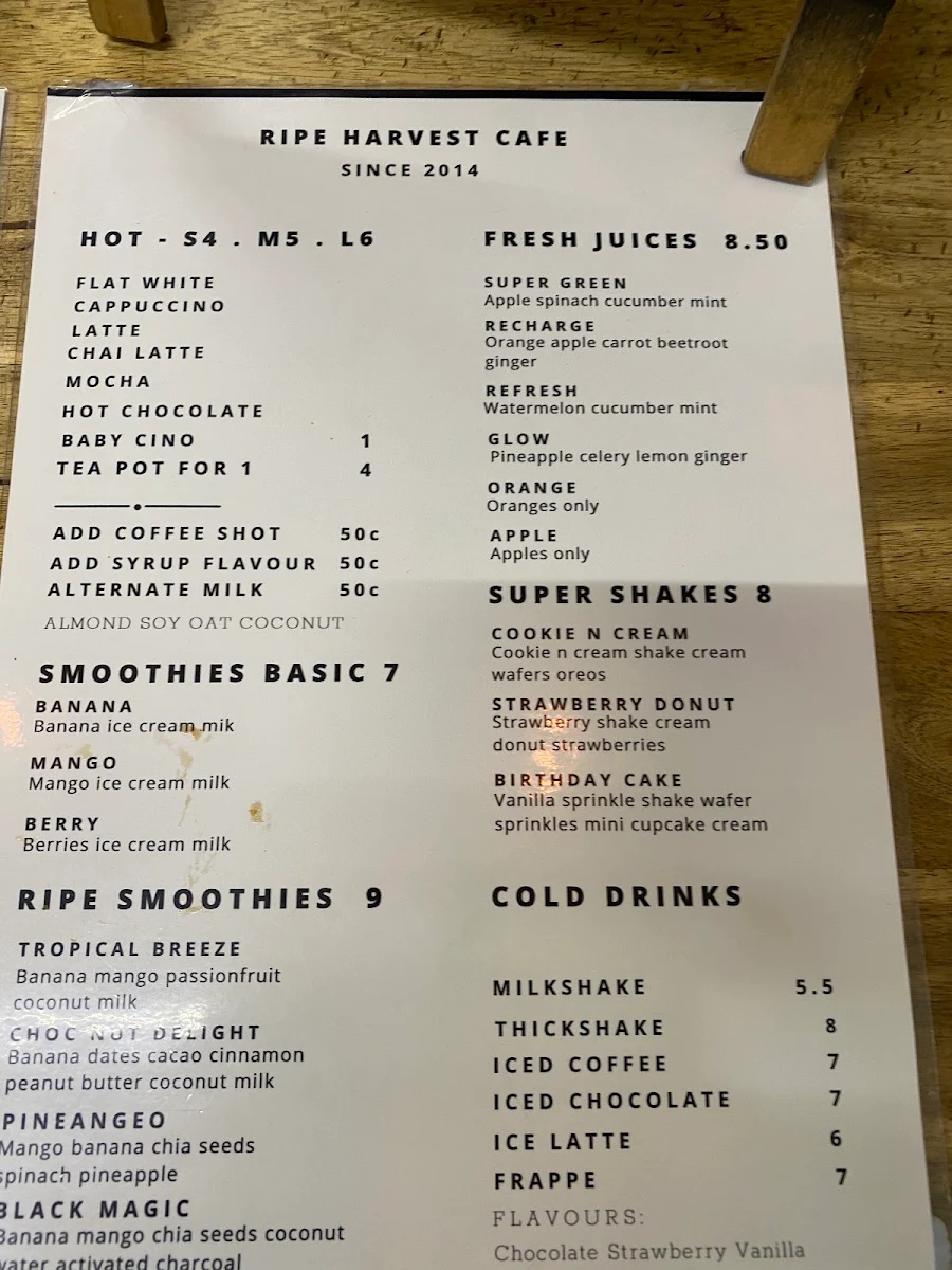 Menu, Ripe Harvest Cafe