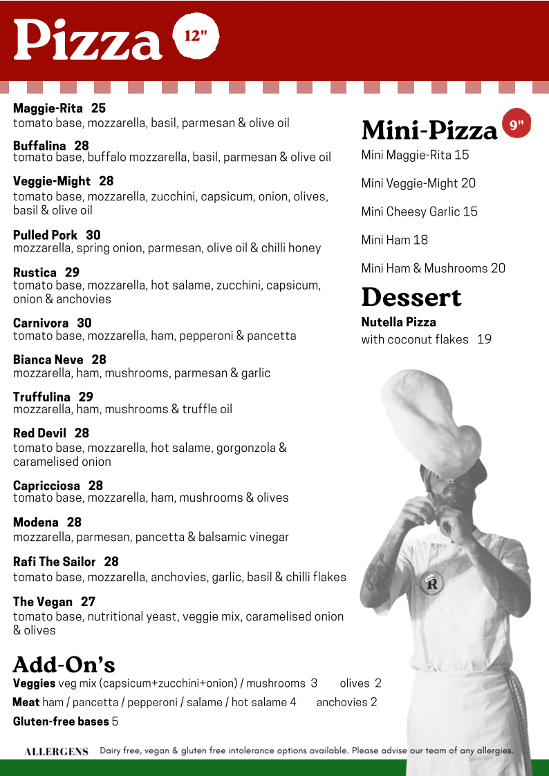 Menu, Ric's Woodfire Pizza