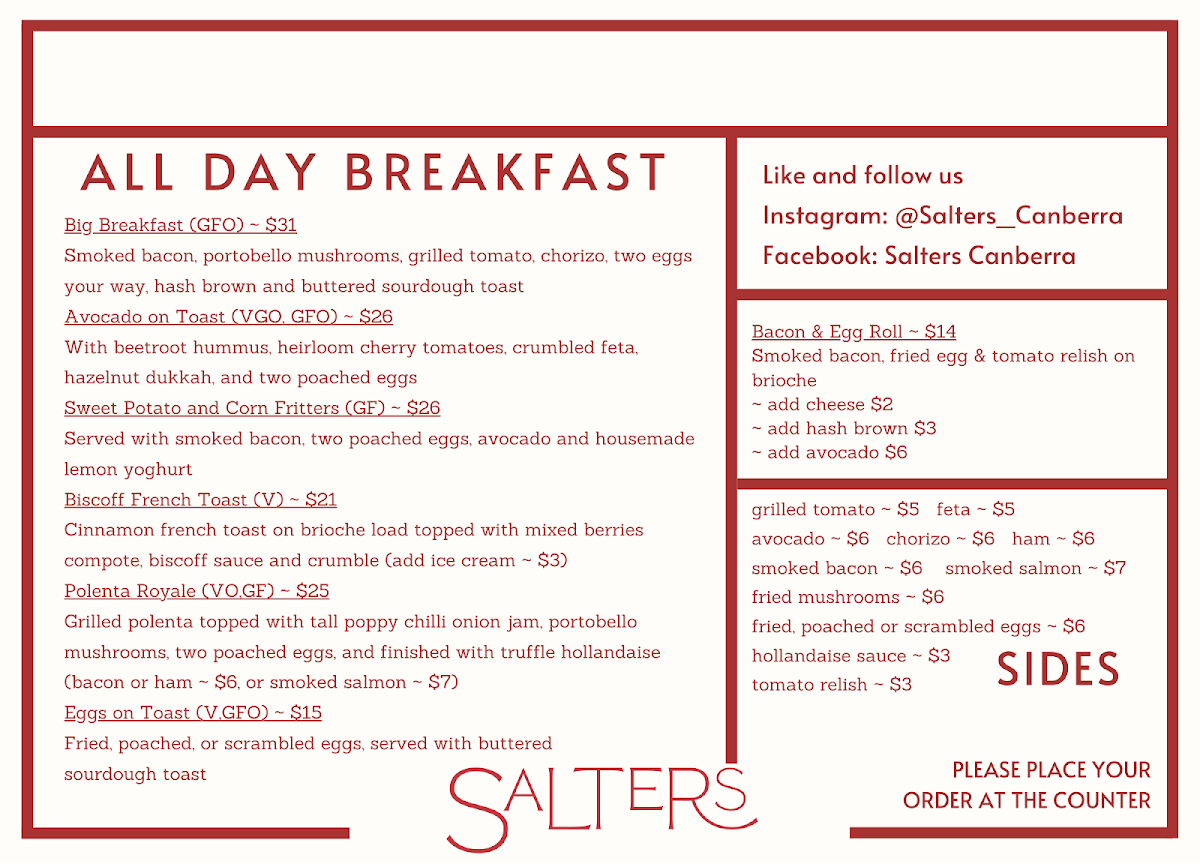 Menu, Salters Canberra