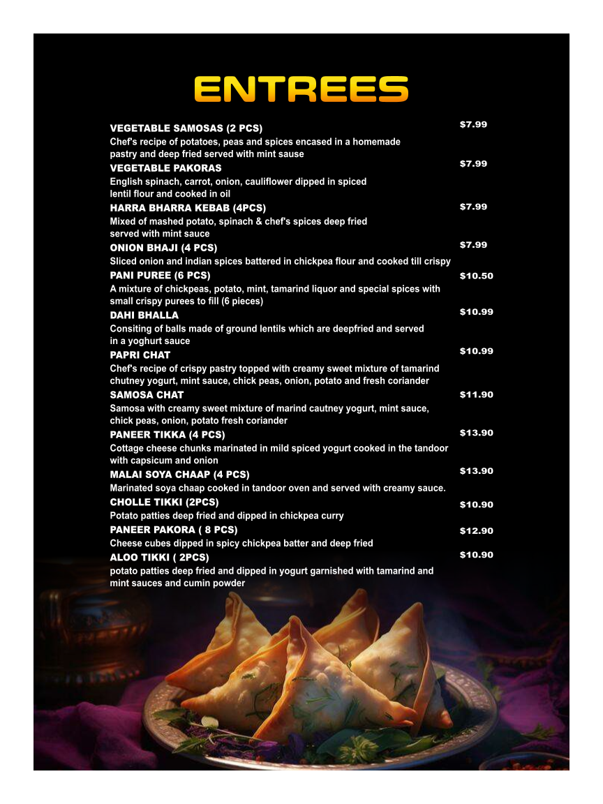 Menu, Famous Tandoori Indian Cuisine