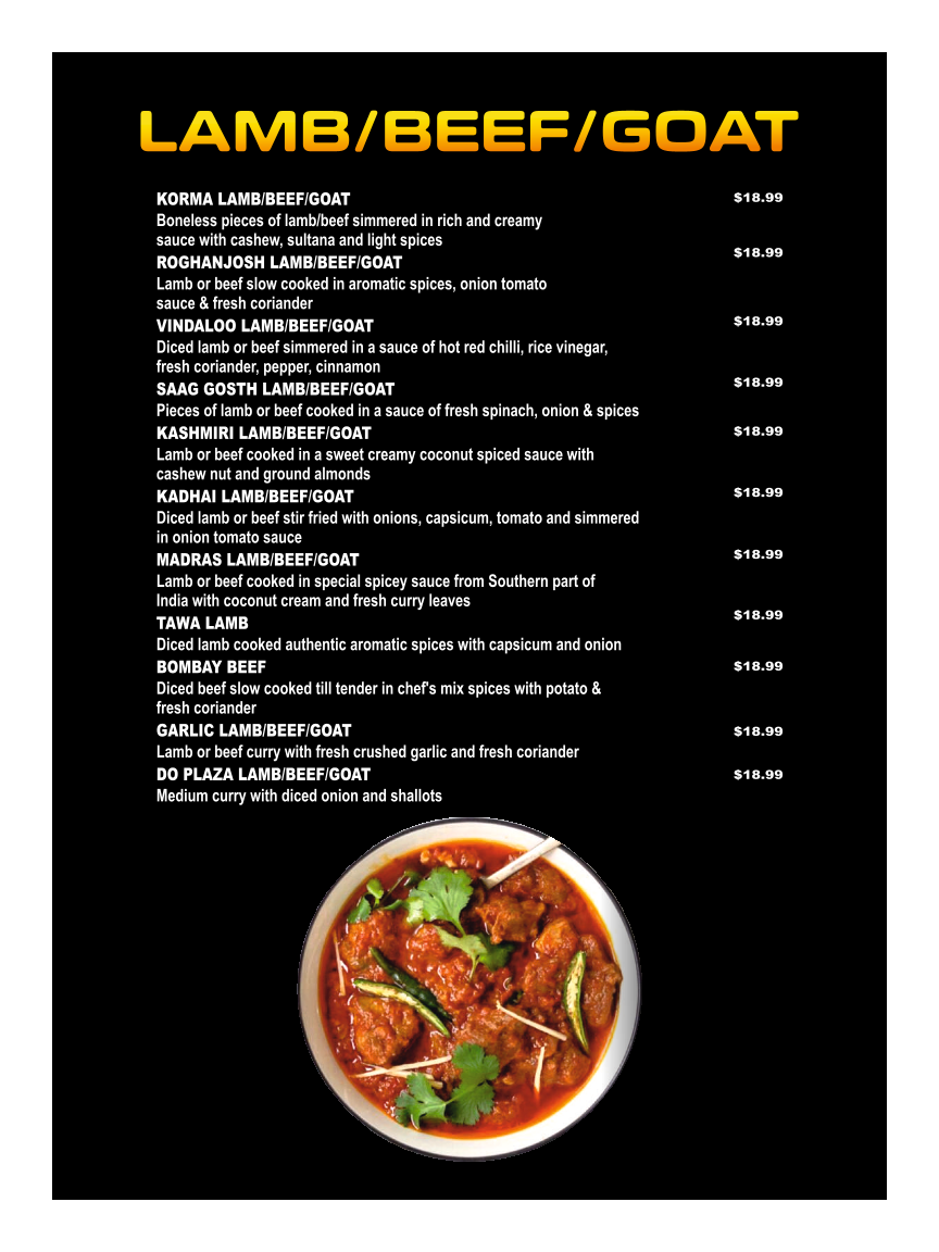 Menu, Famous Tandoori Indian Cuisine