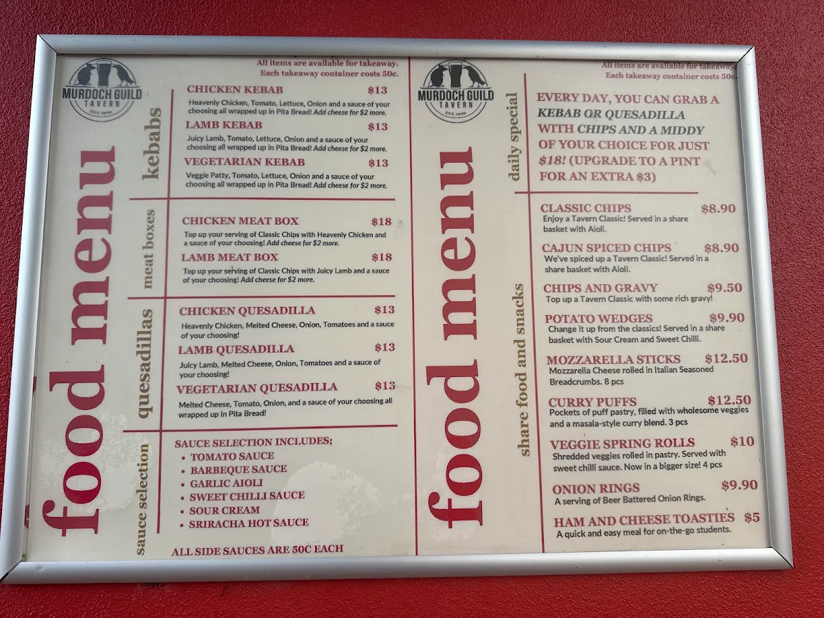 Menu, Murdoch Guild Tavern