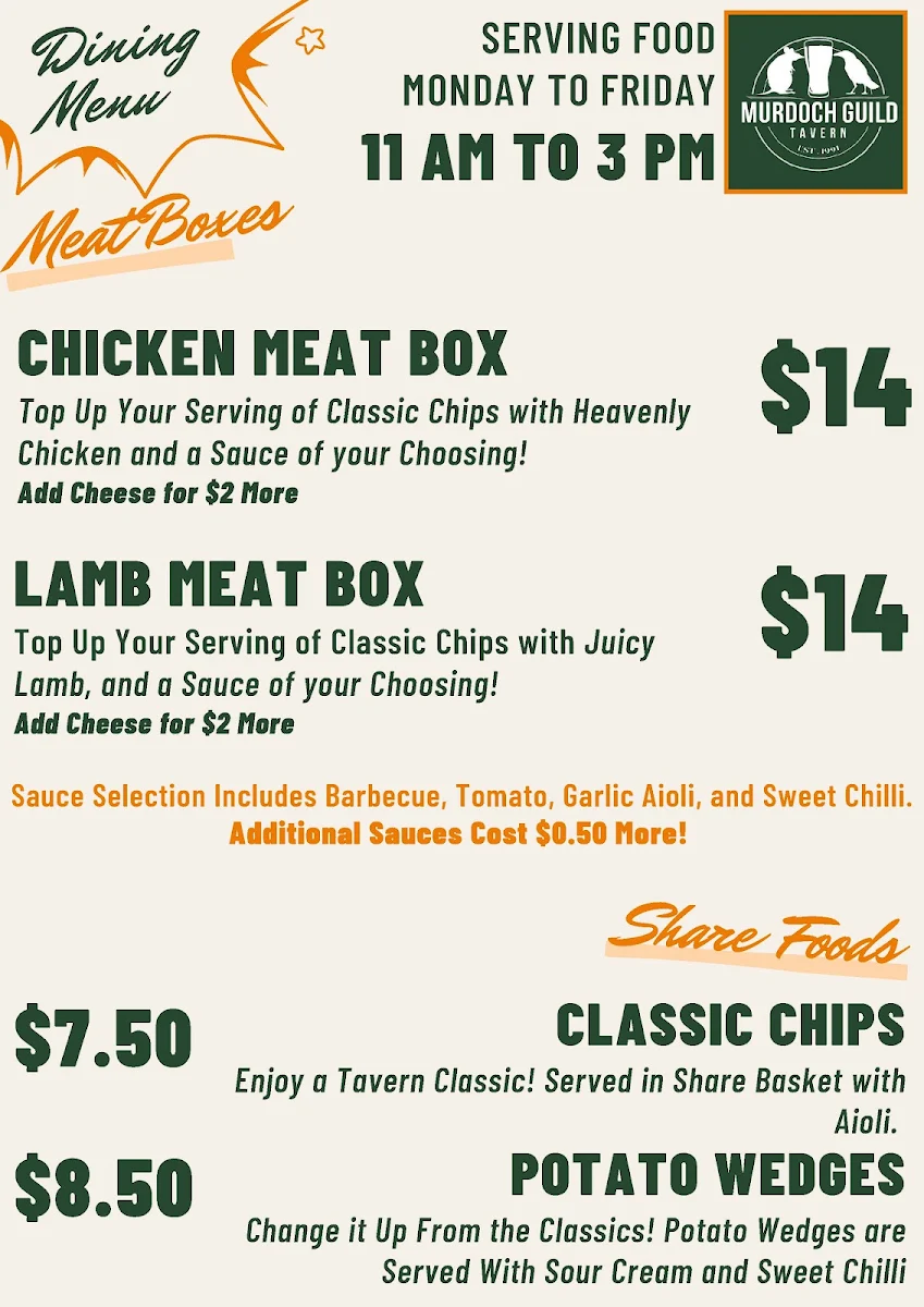 Menu, Murdoch Guild Tavern