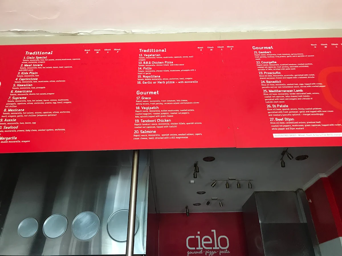 Menu, Cielo Gourmet Pizza Pasta