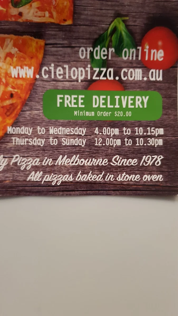Menu, Cielo Gourmet Pizza Pasta
