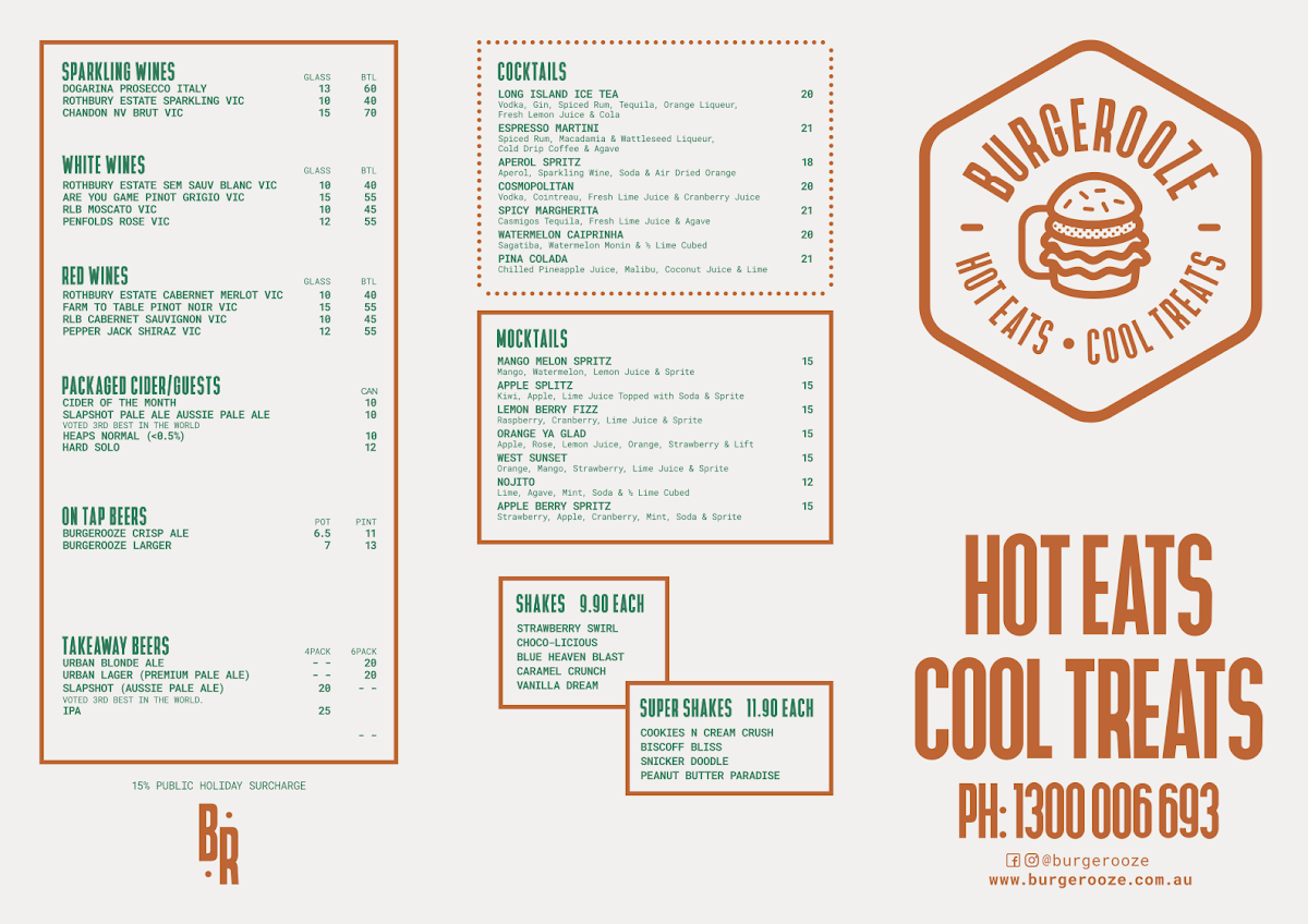 Menu, Burgerooze Whittlesea
