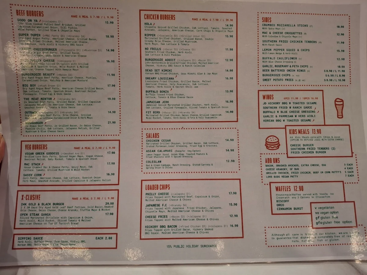 Menu, Burgerooze Whittlesea