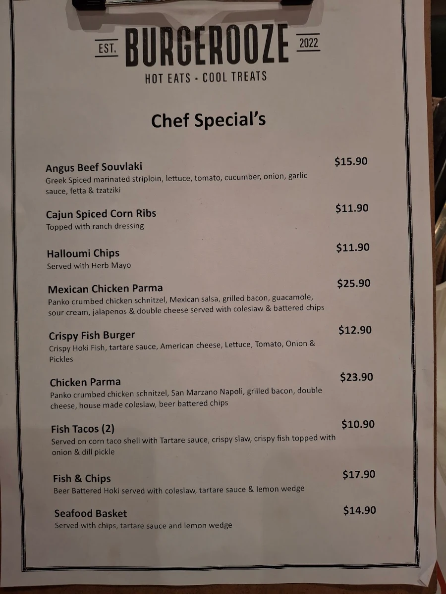 Menu, Burgerooze Whittlesea