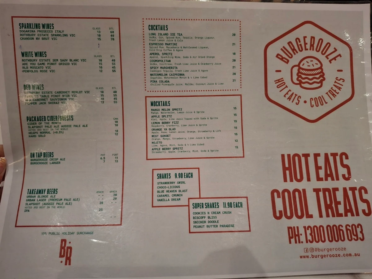 Menu, Burgerooze Whittlesea
