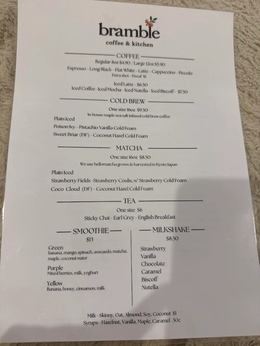 Menu, Bramble Coffee and Kitchen