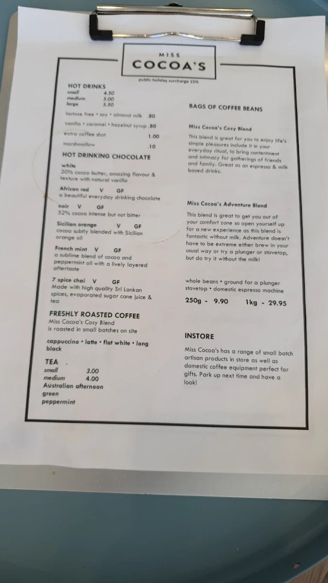 Menu, Miss Cocoa's