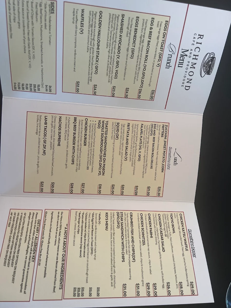 Menu, Richmond cafe & providore
