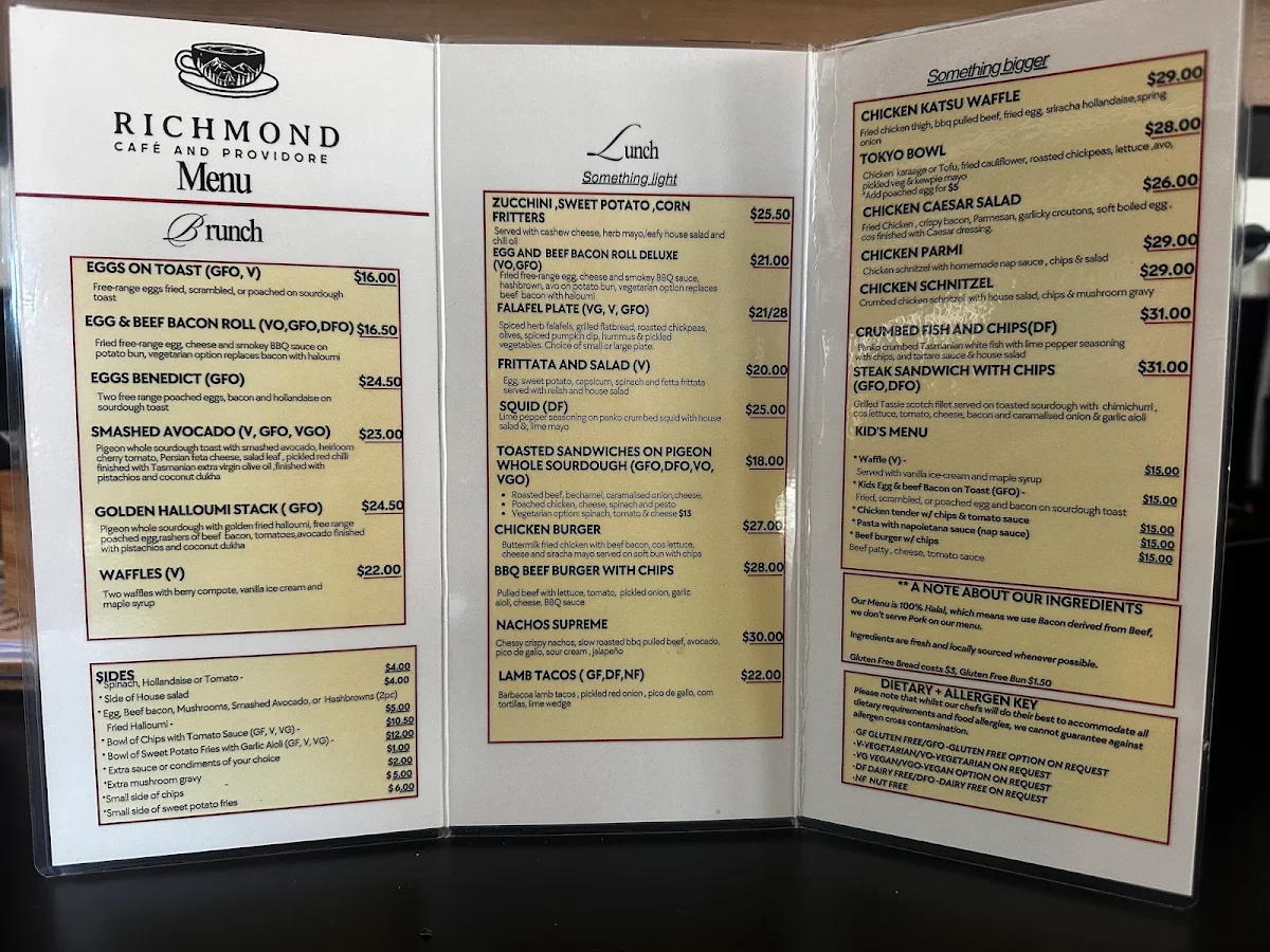Menu, Richmond cafe & providore