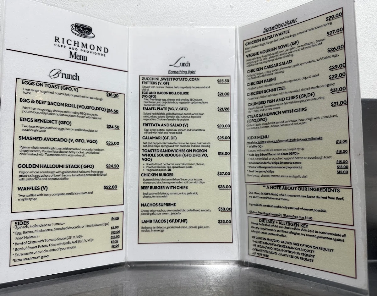 Menu, Richmond cafe & providore