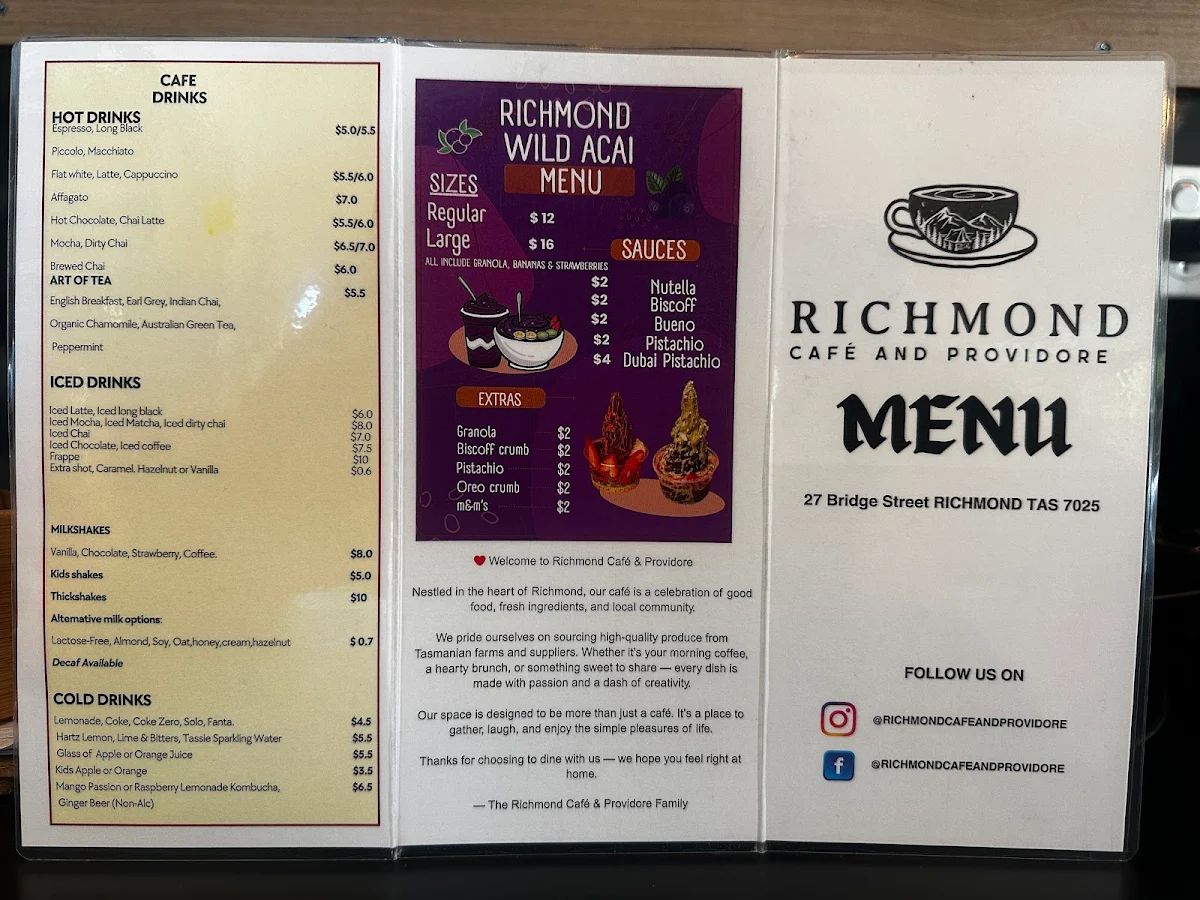 Menu, Richmond cafe & providore