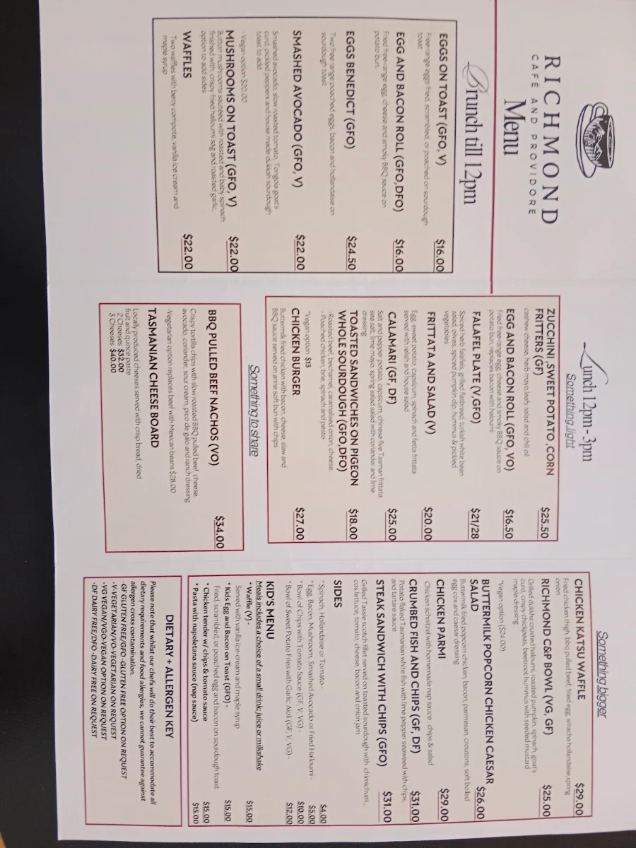Menu, Richmond cafe & providore