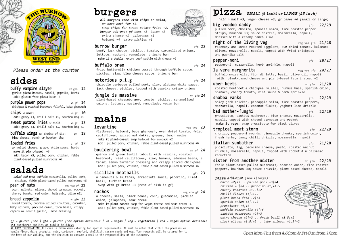 Menu, The Burrow