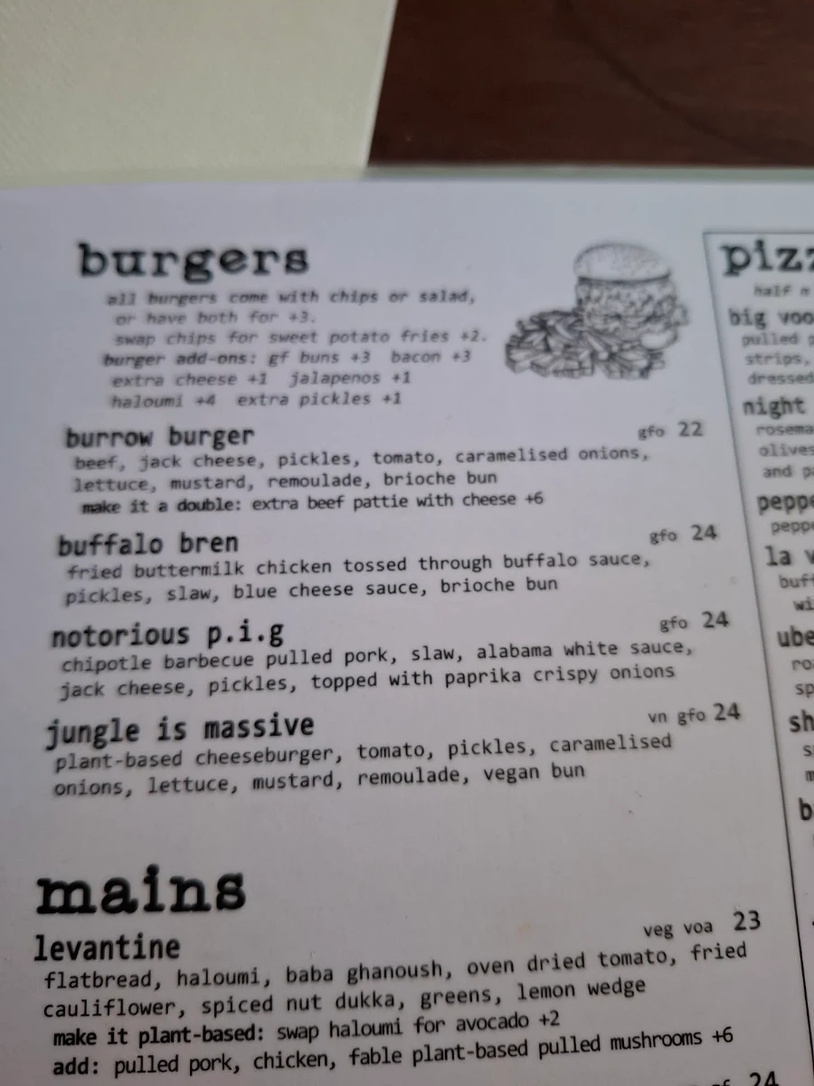 Menu, The Burrow