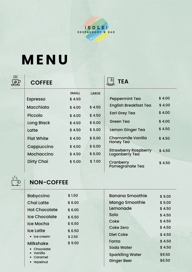 Menu, SOLE RESTAURANT & BAR