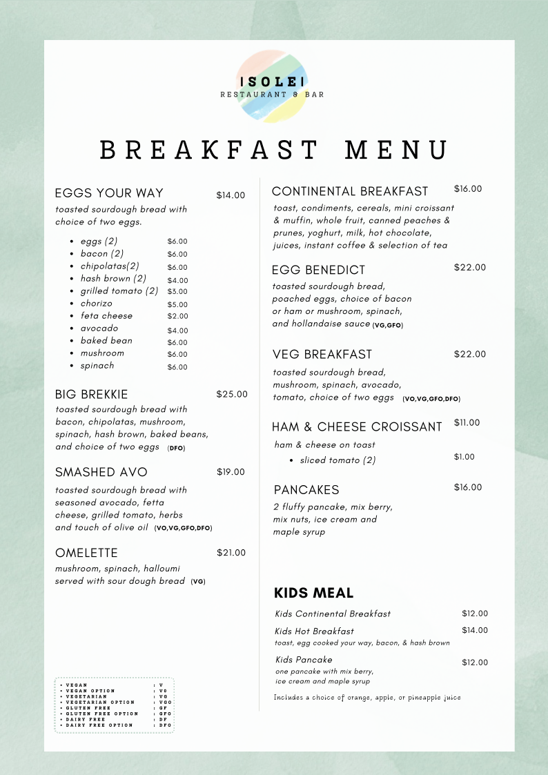 Menu, SOLE RESTAURANT & BAR