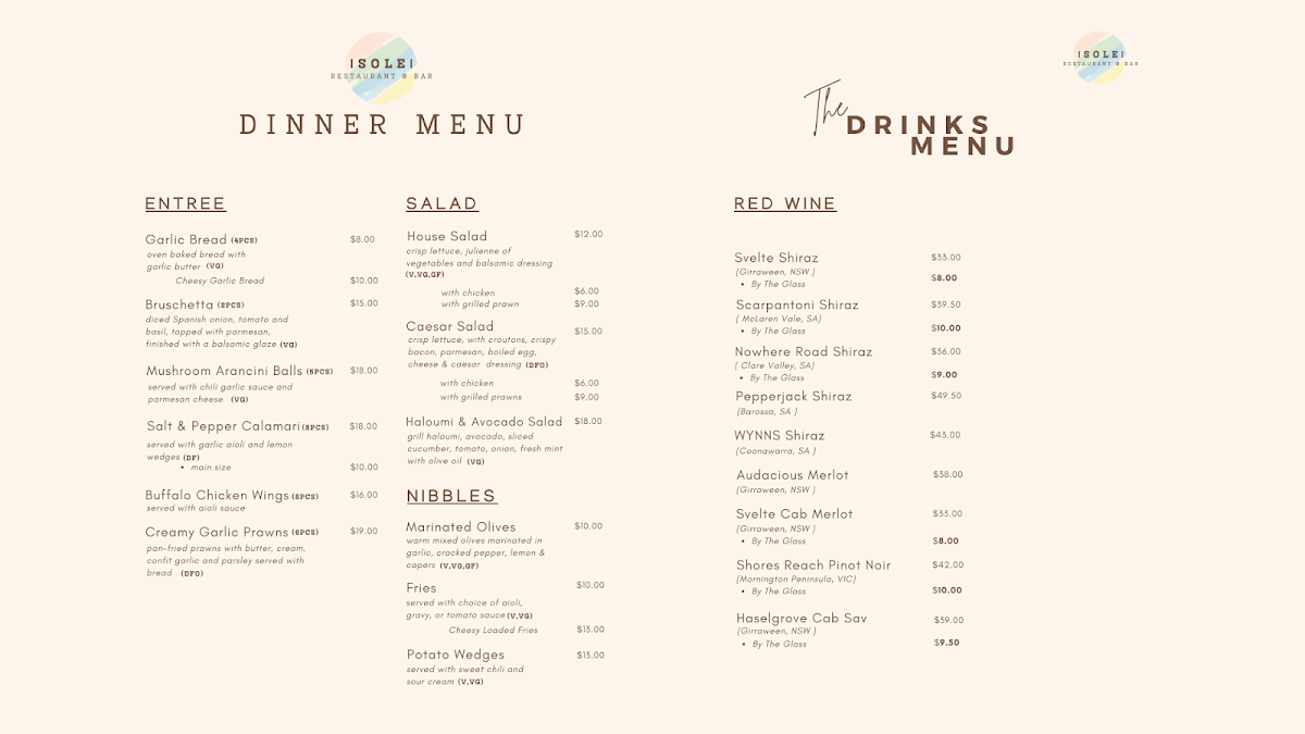 Menu, SOLE RESTAURANT & BAR
