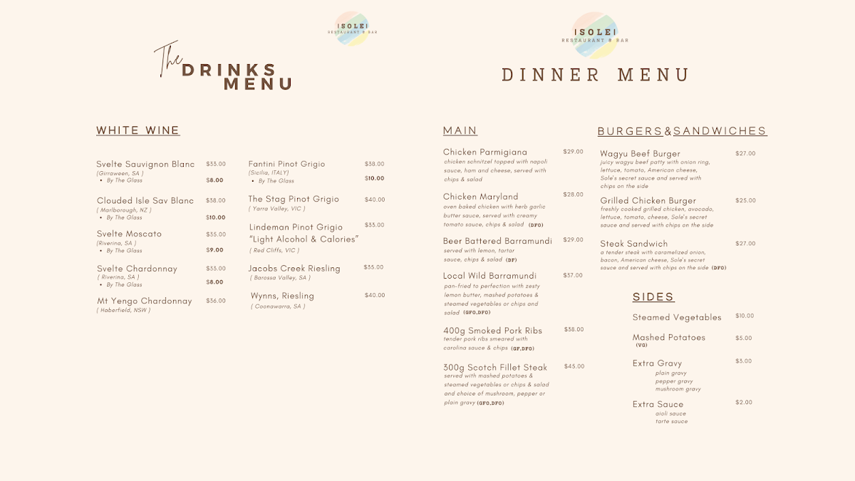 Menu, SOLE RESTAURANT & BAR