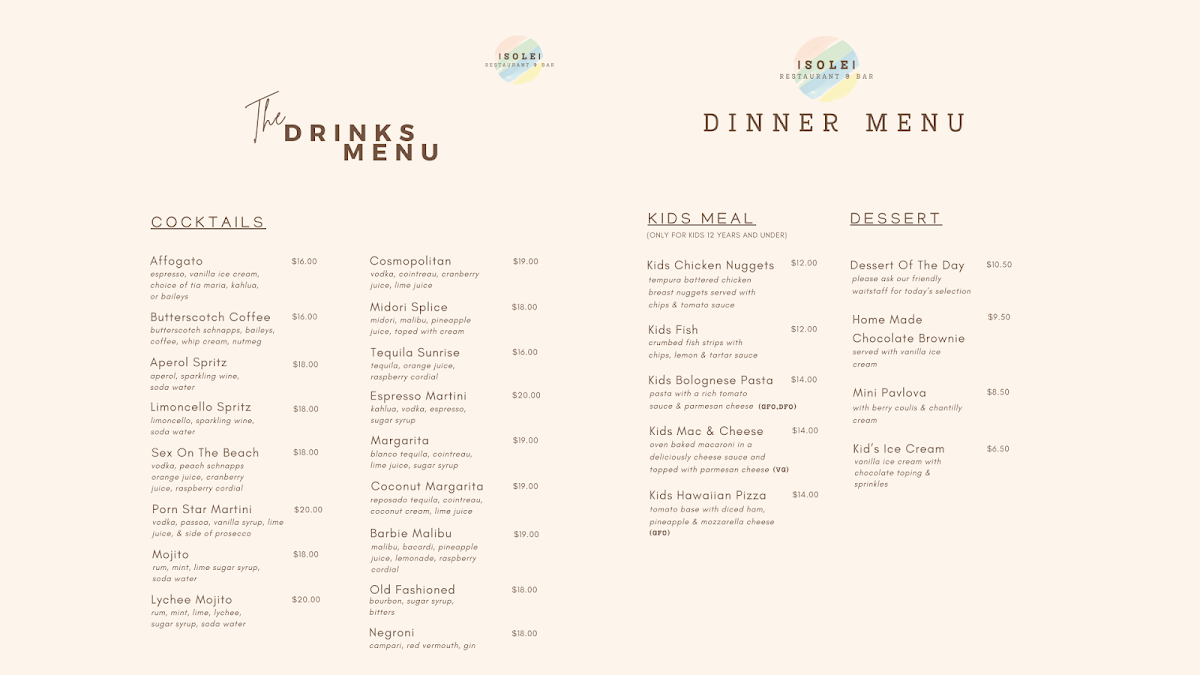 Menu, SOLE RESTAURANT & BAR