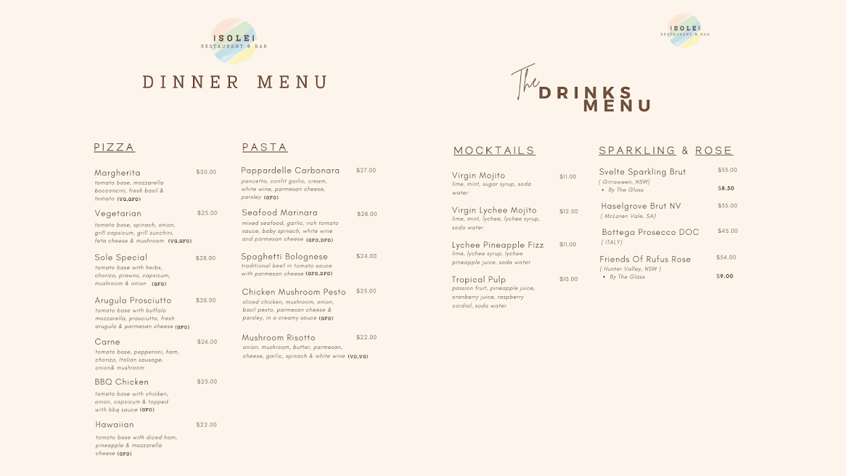Menu, SOLE RESTAURANT & BAR