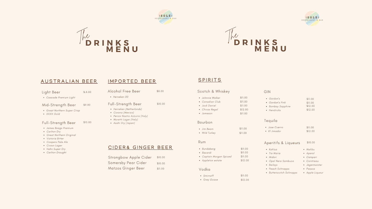 Menu, SOLE RESTAURANT & BAR