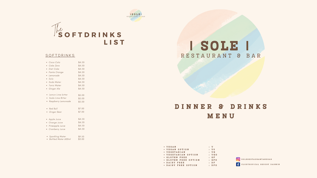 Menu, SOLE RESTAURANT & BAR
