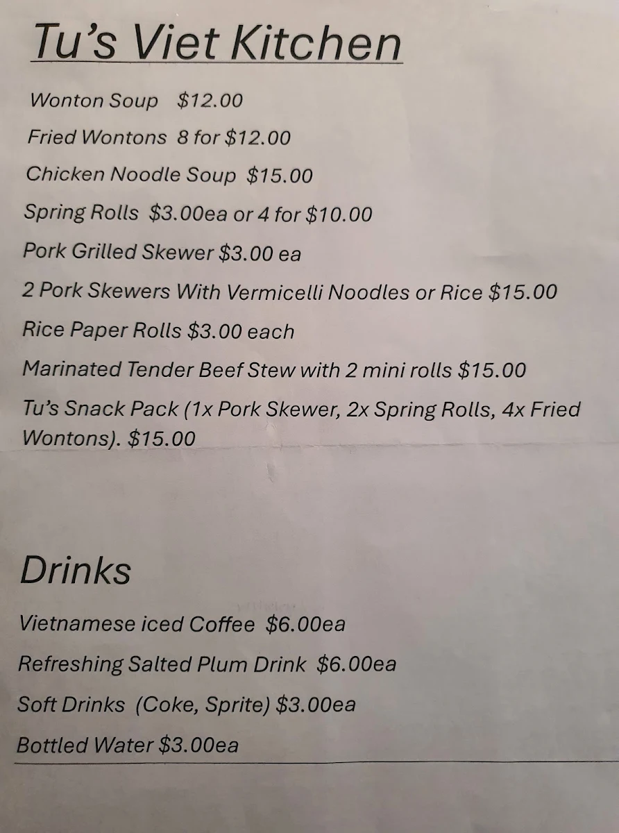 Menu, Tu's Viet Kitchen