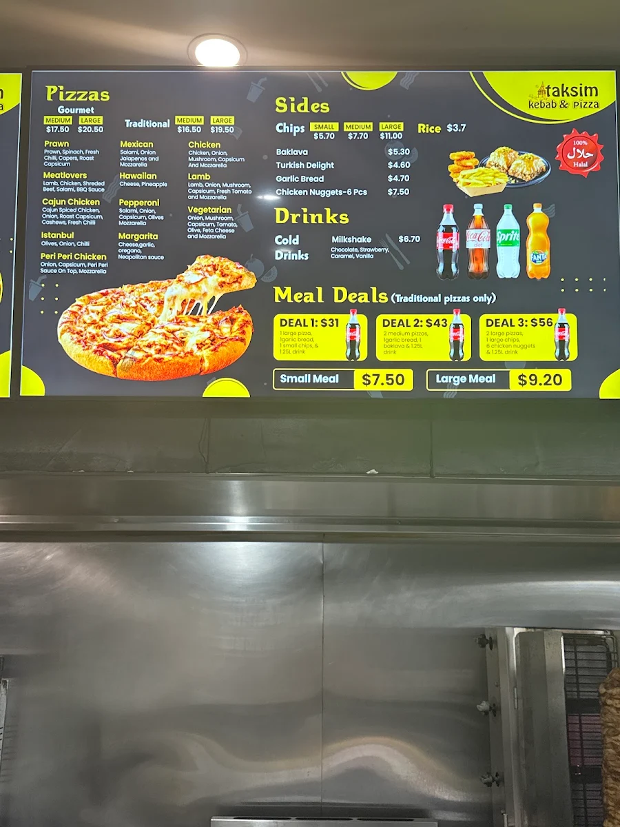 Menu, Taksim Kebab and Pizza