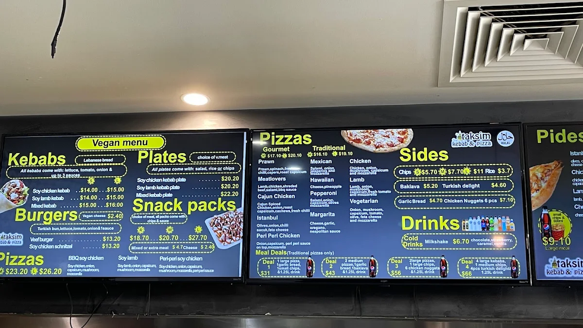 Menu, Taksim Kebab and Pizza