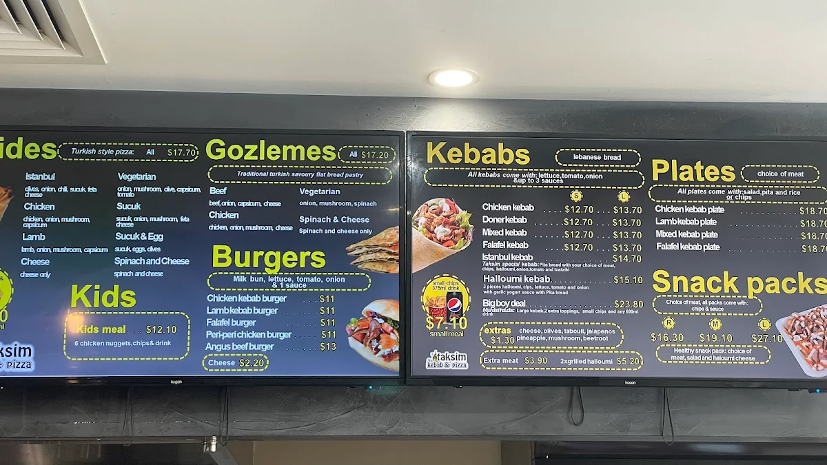 Menu, Taksim Kebab and Pizza