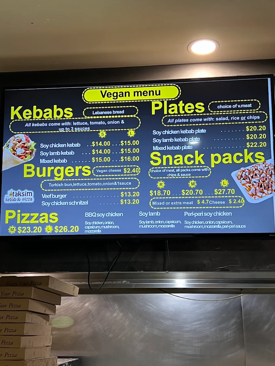 Menu, Taksim Kebab and Pizza