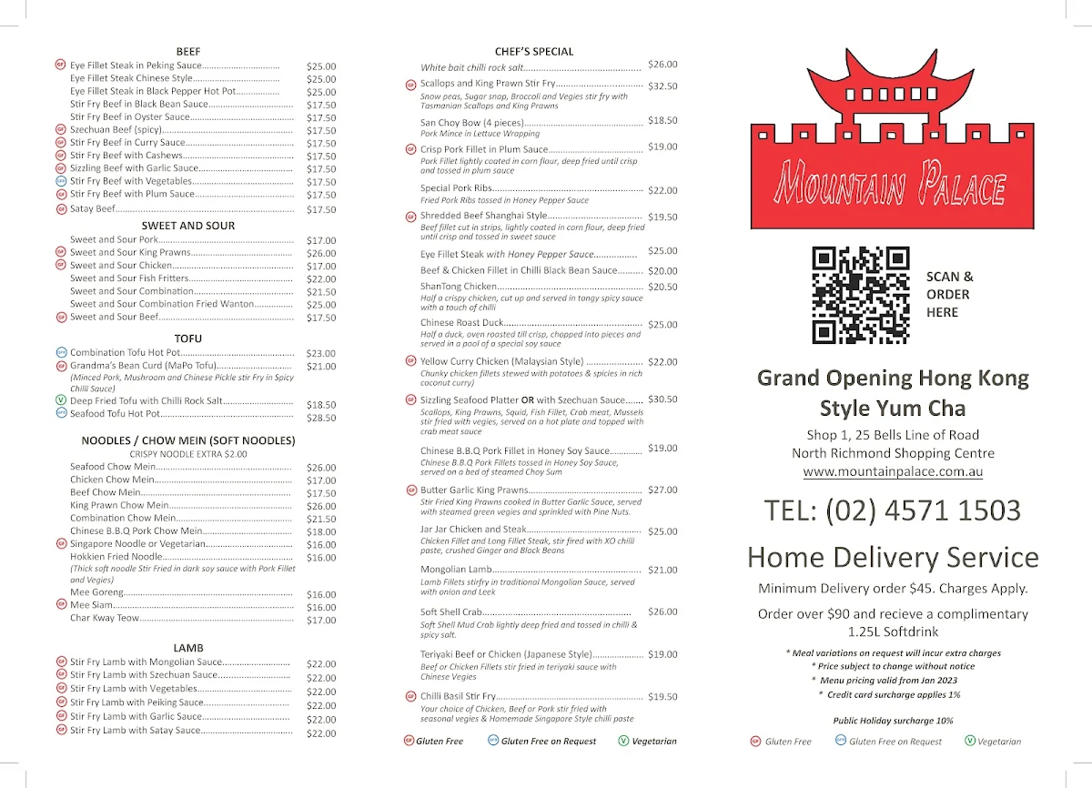 Menu, Mountain Palace