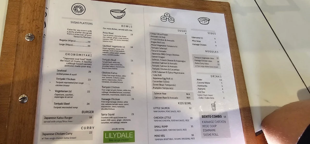 Menu, Okazu Sushi Bar