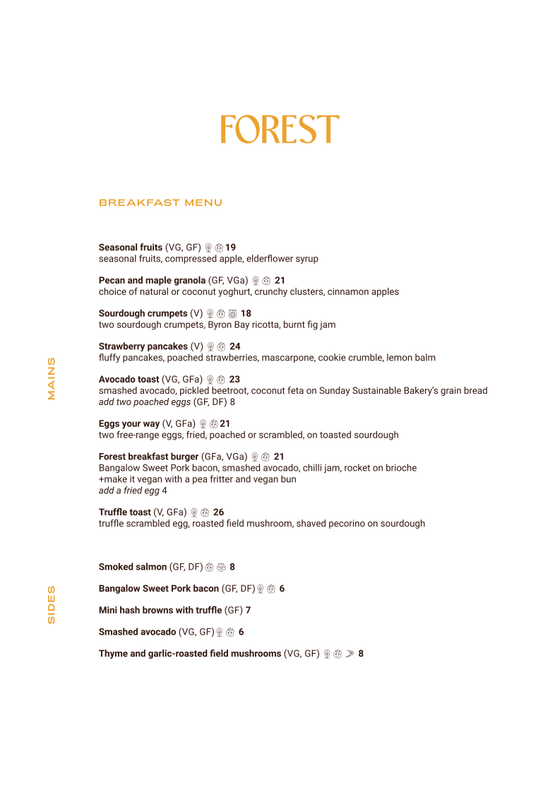 Menu, Forest Byron Bay