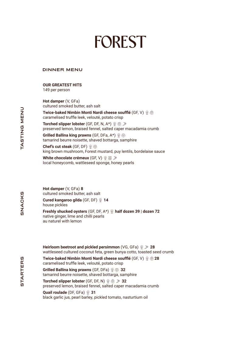 Menu, Forest Byron Bay