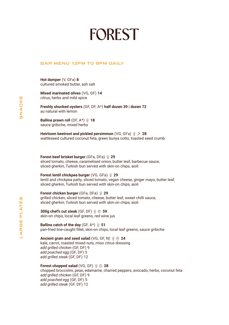 Menu, Forest Byron Bay