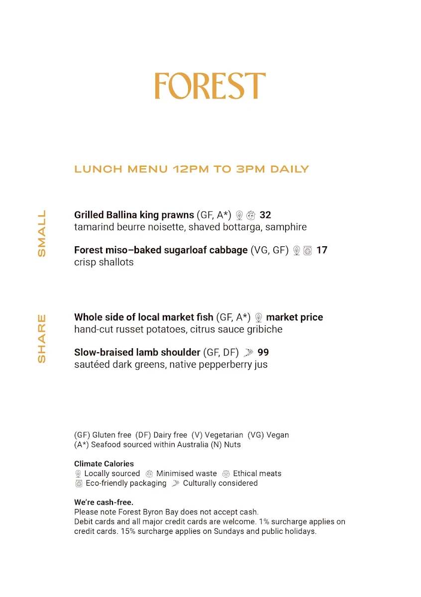 Menu, Forest Byron Bay